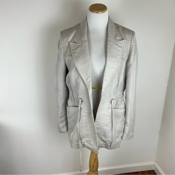 Mango Linen Tie Front Utility Jacket Blazer Tan Cream Size L - Picture 2 of 5